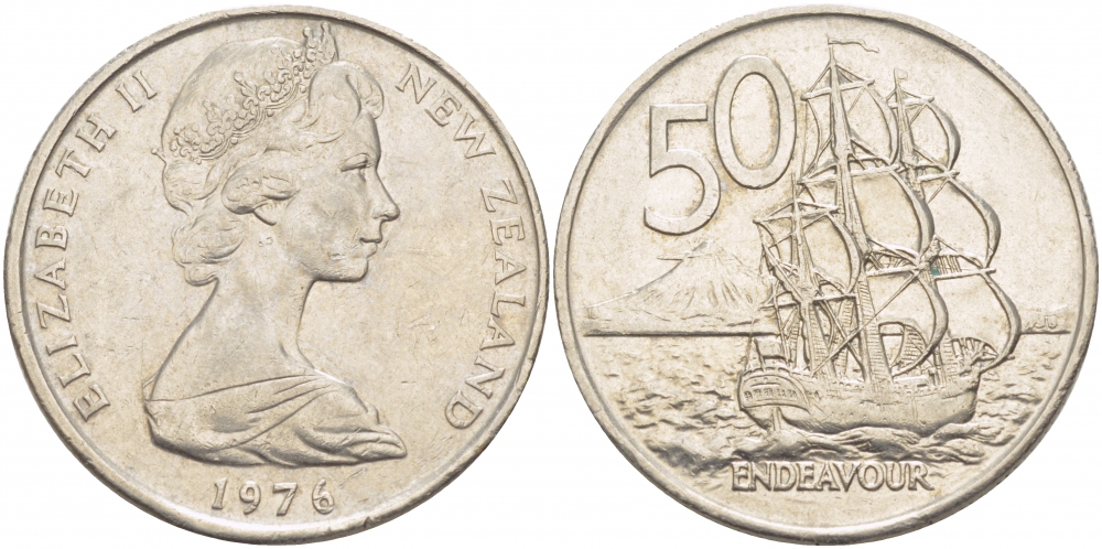 Новая Зеландия 50 центов 1976 Елизавета II (1952-2022), парусник Индевор KM 37.1 медно-никель 215-211