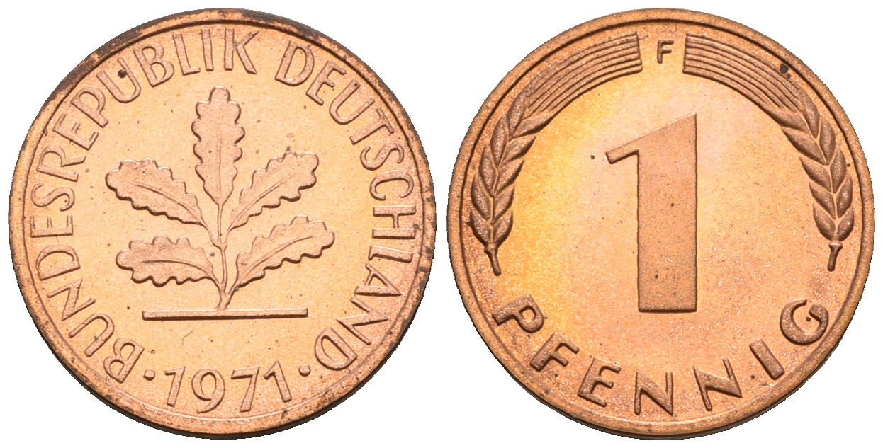 ФРГ 1 пфенниг 1971 F KM 105, J.380 сталь плакированная медью PROOF 1094-7-63