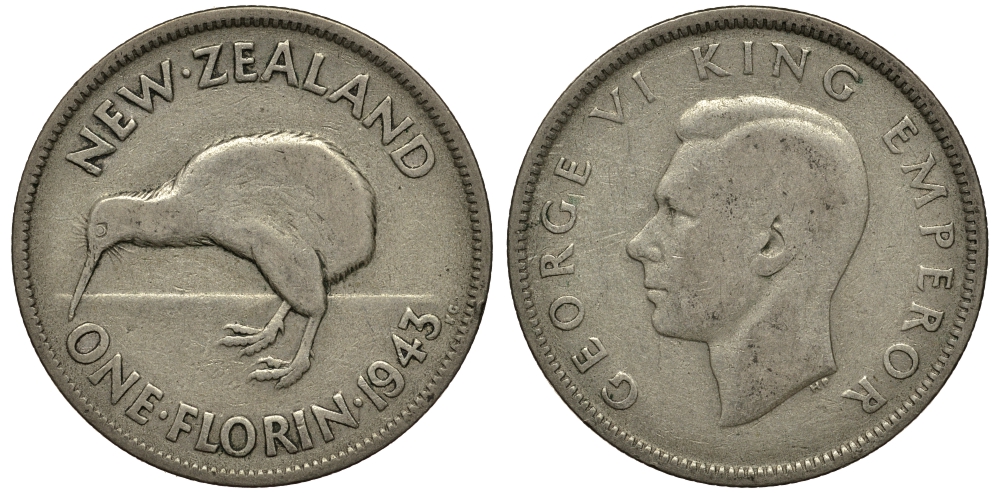 Новая Зеландия 1 флорин 1943 Георг VI (1936-1952), птичка киви KM 10.1 серебро 272-1611