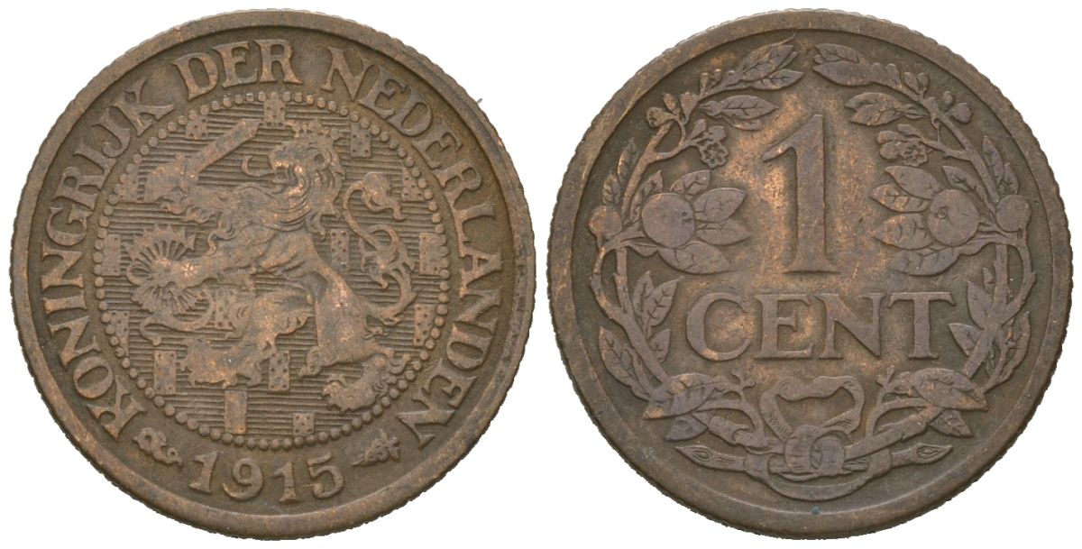 Нидерланды 1 цент 1915 Вильгельмина (1890-1948) KM 152 бронза 4615-567