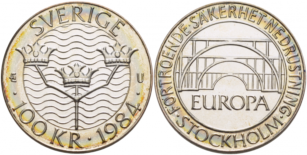 Швеция 100 крон 1984 Карл XVI Густав (1973- ), Стокгольмская конференция, в оригинальной упаковке KM 863 серебро UNC 1085-4-12