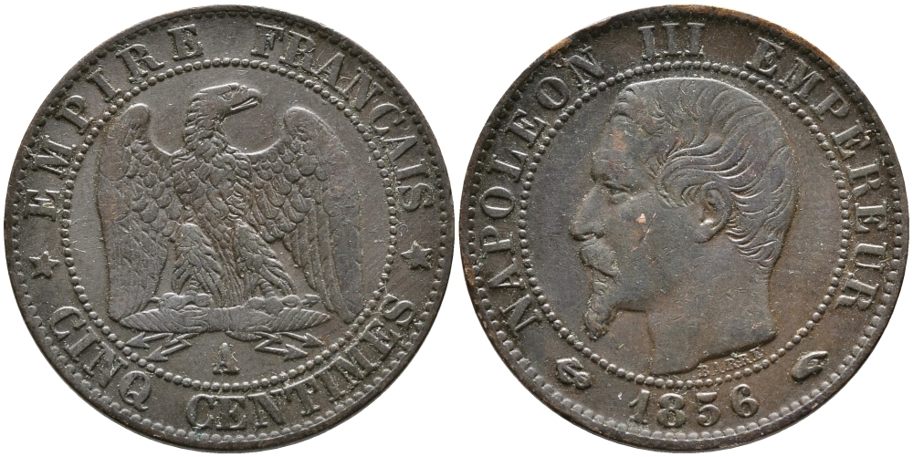 ФРАНЦИЯ 5 САНТИМОВ 1856 А, НАПОЛЕОН III (1852-1870) KM 777.1, LA FRANC 116.30 бронза 28-917