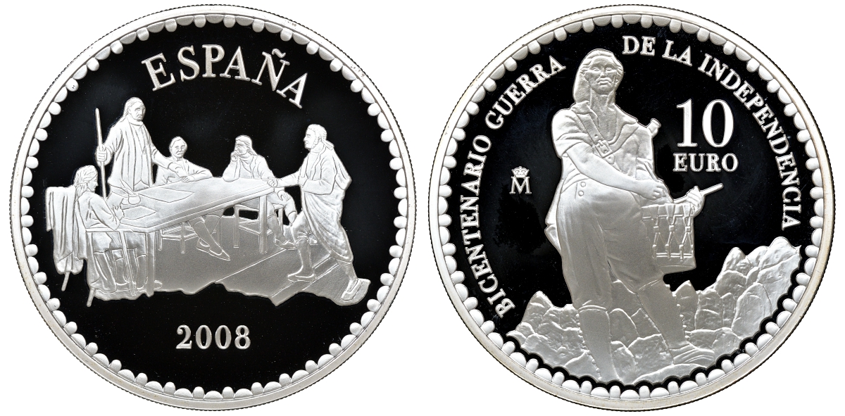 Испания 10 евро 2008 200 лет войне за независимость, Тимбалер дель Брук, в коробке серебро PROOF 6-5-1-26