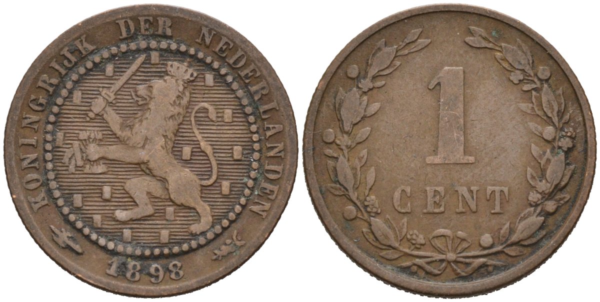 Нидерланды 1 цент 1898 Вильгельмина (1890-1948) KM 107 бронза 4576-631