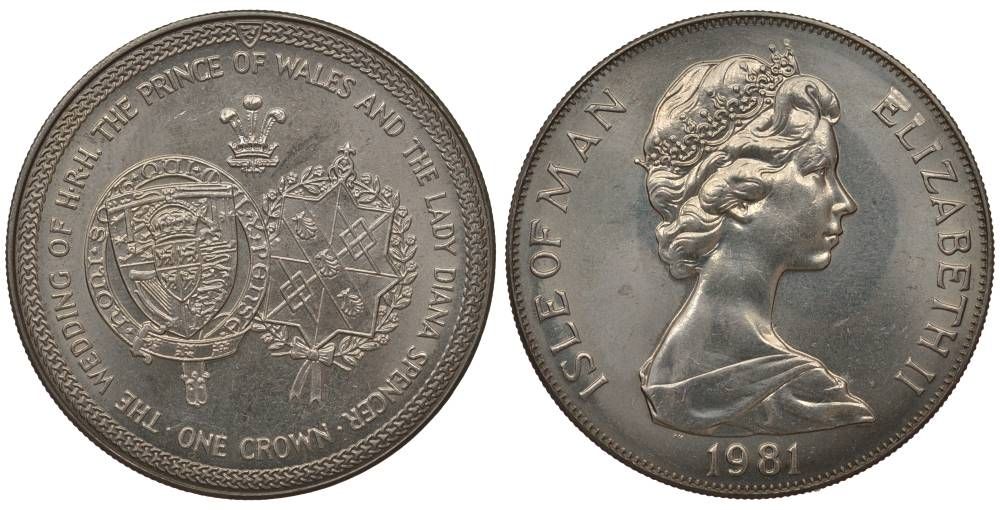 Остров Мэн 1 крона 1981 Королевская свадьба принца Чарльза и леди Дианы, гербы KM 81 медно-никель UNC 11-178-24