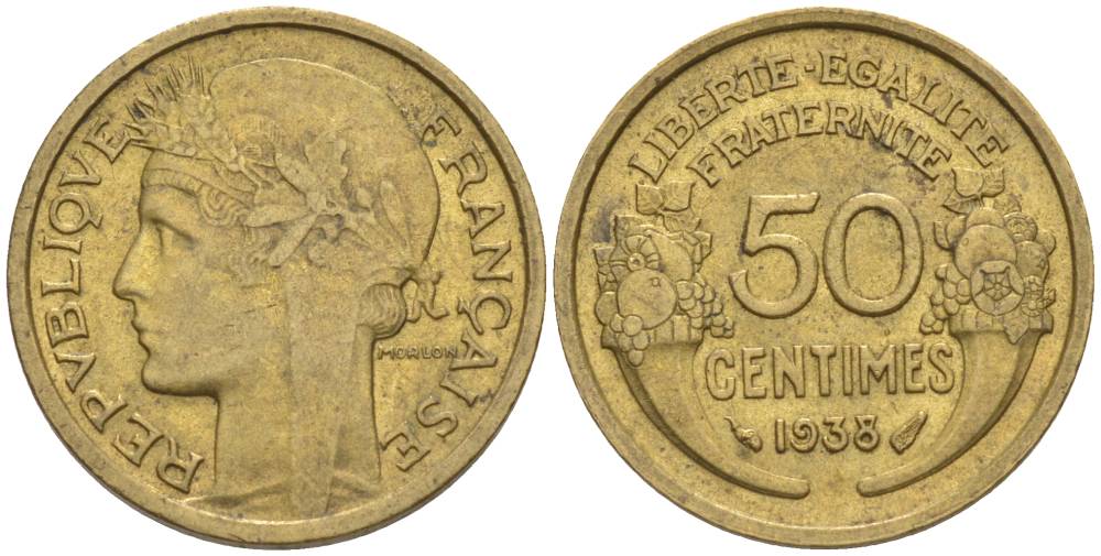 ФРАНЦИЯ 50 САНТИМОВ 1938 ТИП MORLON KM 894.1, LE FRANC 192.14 алюминиевая бронза 44-752