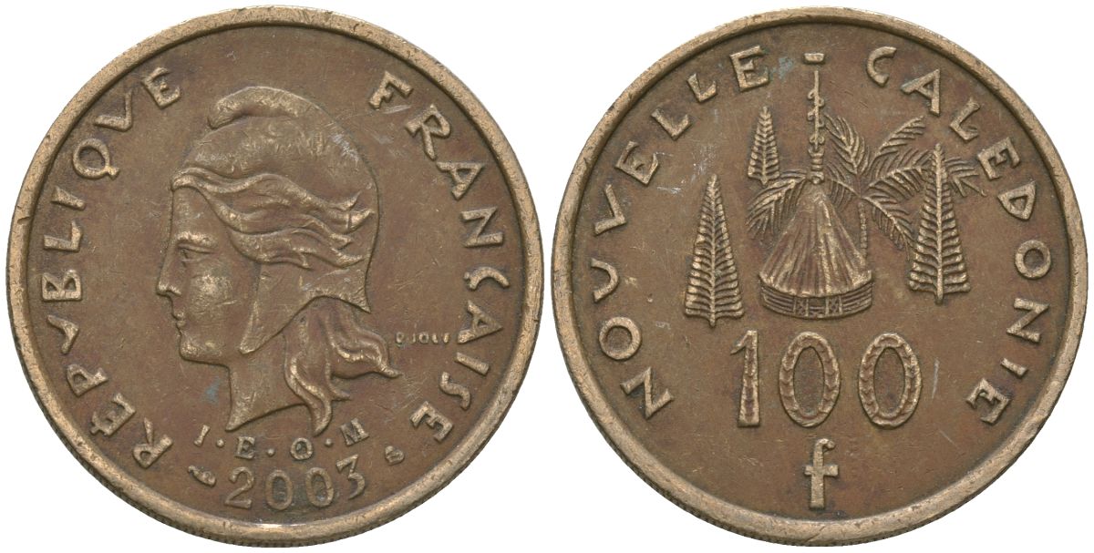 Французская Новая Каледония 100 франков 2003 хижина среди сосен и пальм, (IEOM) KM 15, Schoen 16, Lec 139g никель бронза 109-1213
