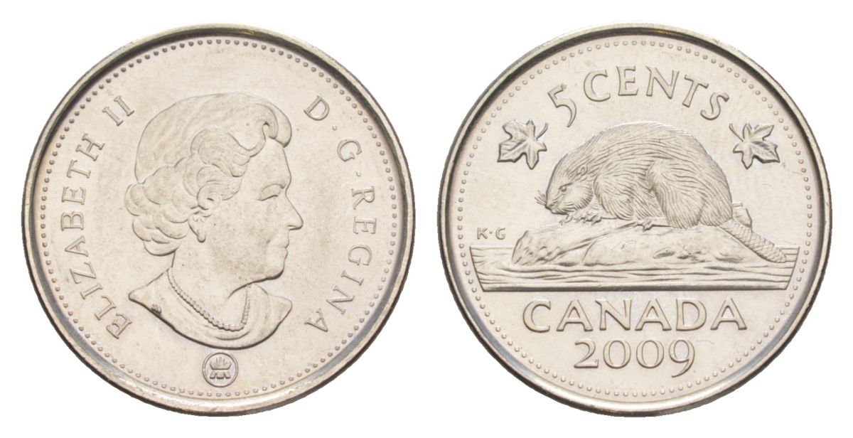 Канада 5 центов 2009 Leaf, Елизавета II (1952-2022), бобр KM 491 сталь плакированная никелем UNC 4630-765