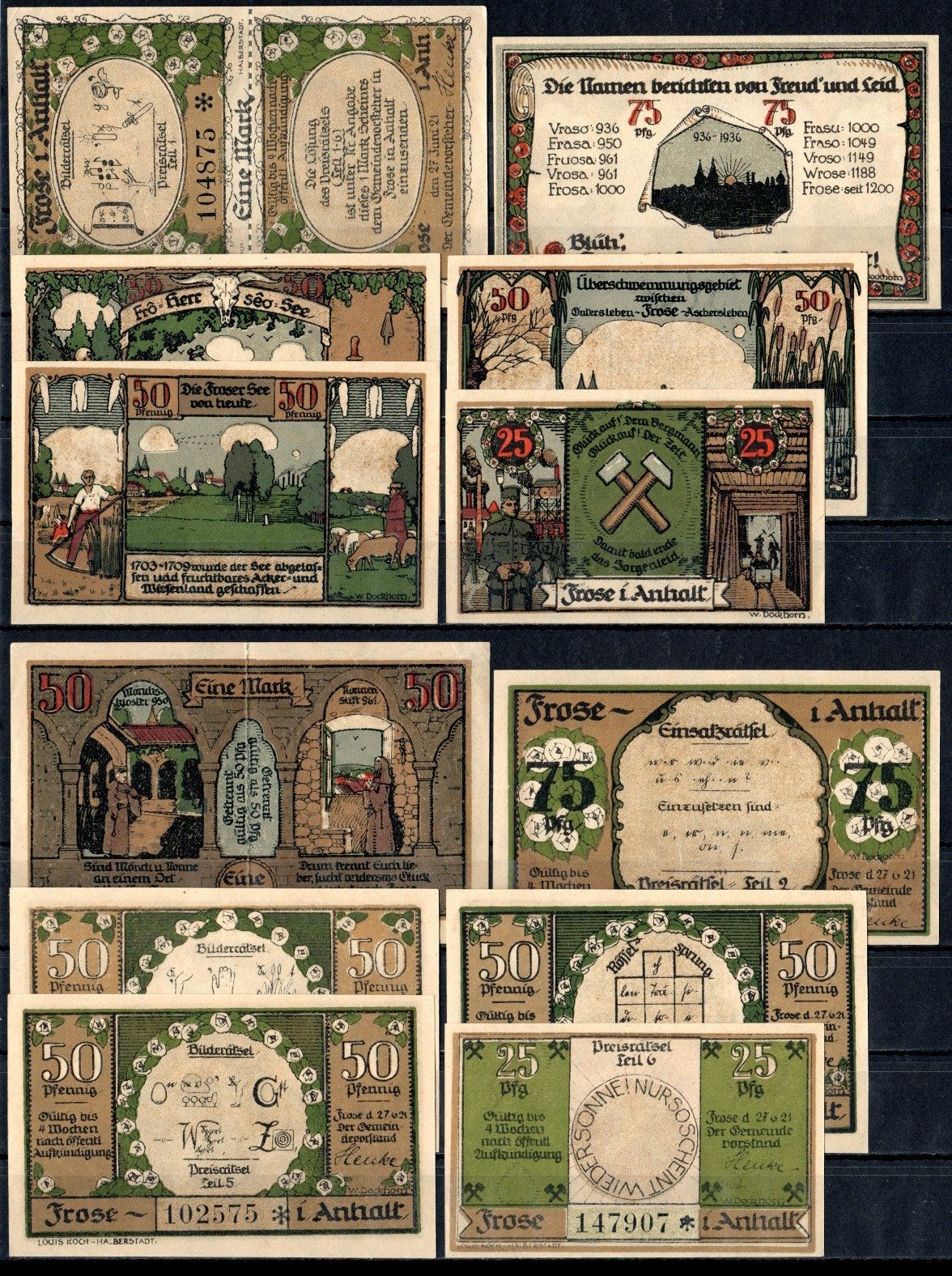 Фрозе (Анхальт) полный набор из 6 нотгельдов (25, 50 и 75 пфеннигов; 1 марка) 1921 Mehl Grabowski 398.3a бумага UNC (пресс) 7555-19-3-1