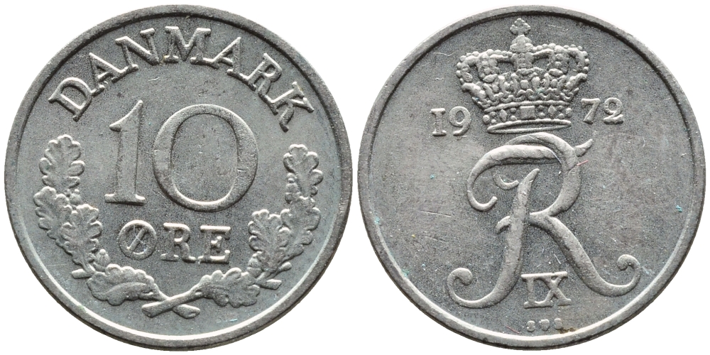 ДАНИЯ 10 ЭРЕ 1972 S; S, ФРЕДЕРИК IX (1947-1972) KM 849.2 медно-никель 4392-422