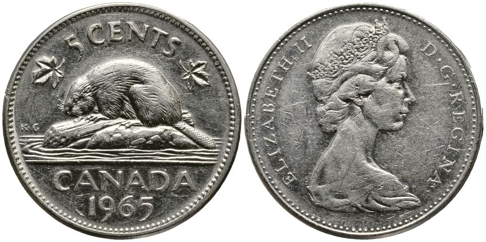 Канада 5 центов 1965 Елизавета II (1952-2022), бобер KM 60.1 никель 3336-236