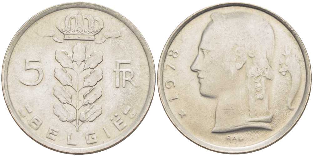 БЕЛЬГИЯ 5 ФРАНКОВ 1978 BELGIE, БОДУЭН I (1951-1993) KM 135.1 медно-никель 213-434