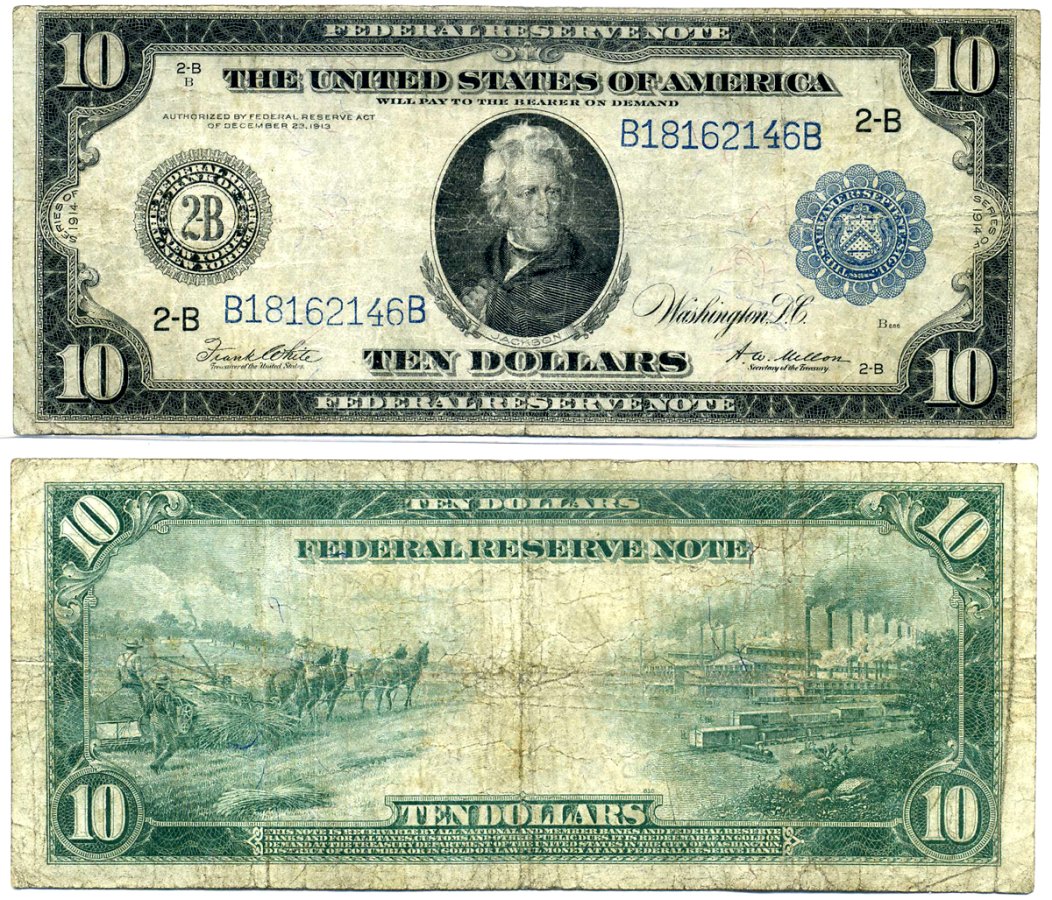 США 10 долларов 1914 Джексон, Буква "В" - Нью-йорк, голубая серия сдвинута влево, подписи: White & Mellon Pick 360bB(4-2) бумага 437-42-2-1