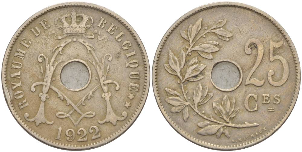 БЕЛЬГИЯ 25 САНТИМОВ 1922 BELGIQUE KM 68.1 медно-никель 4546-151