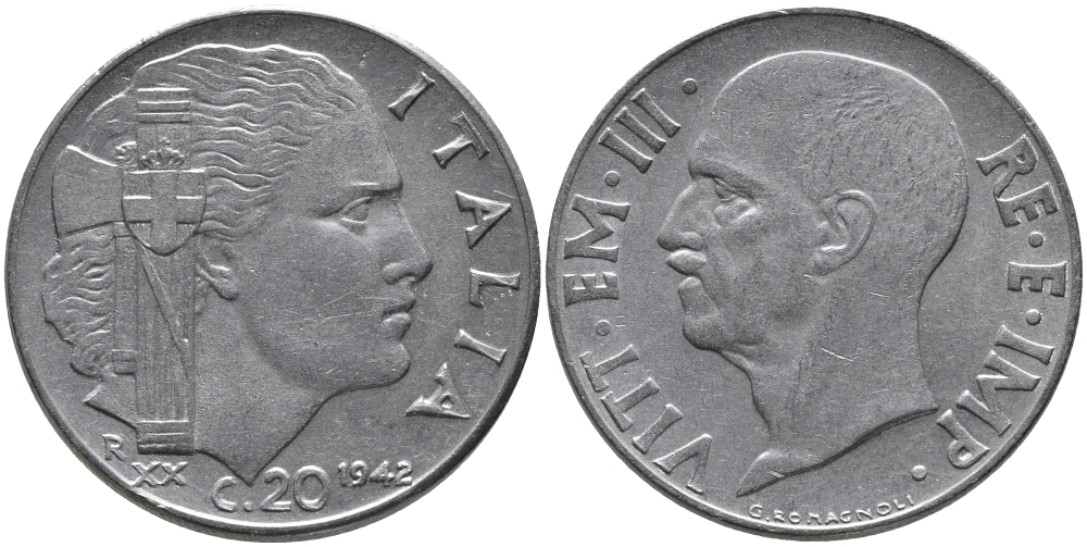ИТАЛИЯ 20 ЧЕНТЕЗИМО 1942 R, ВИКТОР ИМАНУИЛ, XX ГОД, МАГНИТНАЯ KM 75b нержавеющая сталь 87-422