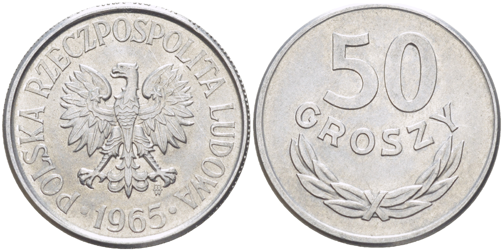 Польша 50 грошей 1965 MW KM 48.1, Parchimowicz 210b алюминий аUNC 216-851