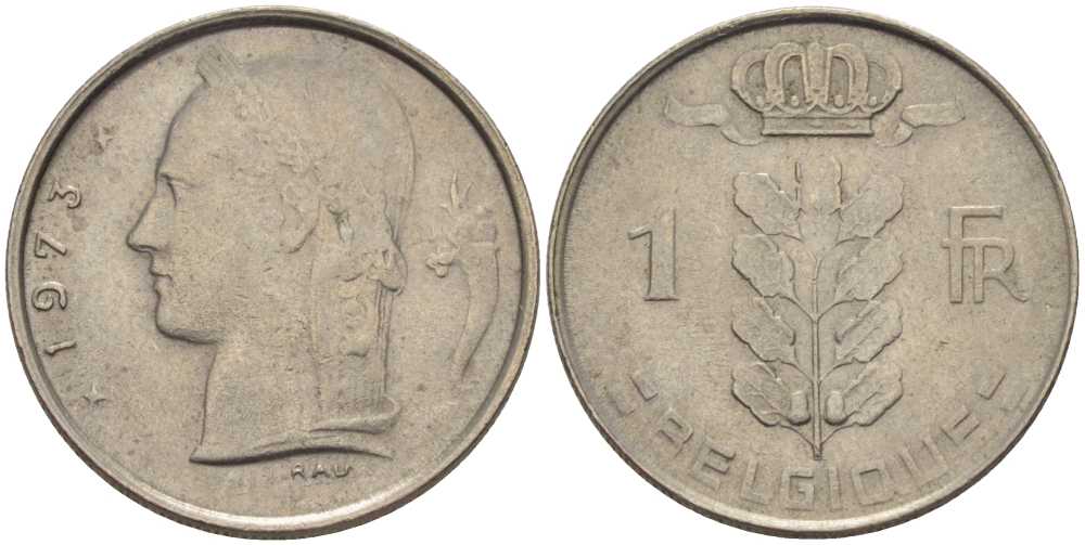 БЕЛЬГИЯ 1 ФРАНК 1973 BELGIQUE, БОДУЭН I (1951-1993) KM 142.1 медно-никель 202-1047