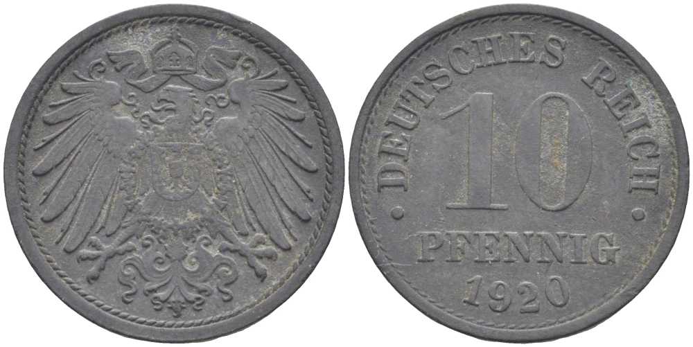 ГЕРМАНИЯ 10 ПФЕННИГОВ 1920 KM 26, J. 299 цинк 4401-516