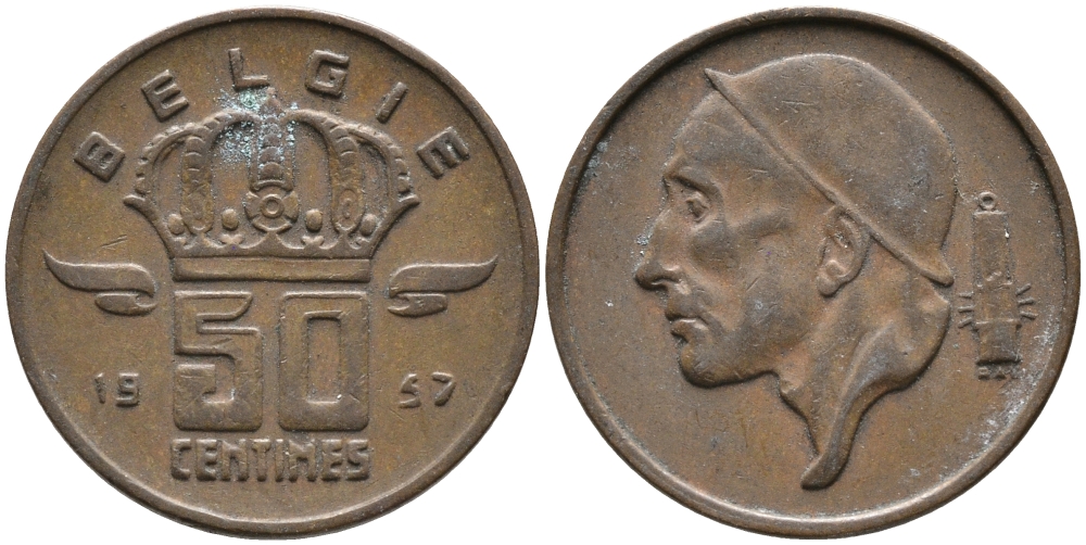 Бельгия 50 сантимов 1957 Belgie, Бодуэн I (1951-1993) KM 149.1 бронза 99-1212