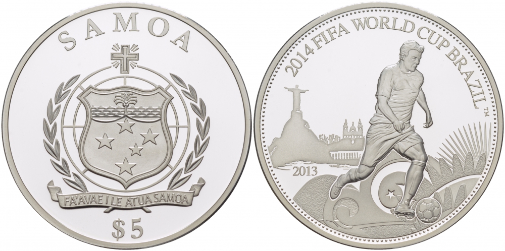 Самоа 5 тала 2013 FIFA, Чемпионат мира по футболу в Бразилии 2014 KM NEW серебро PROOF 11-302-21