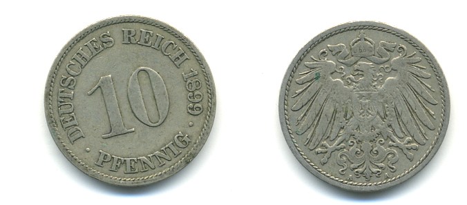 ГЕРМАНИЯ 10 ПФЕННИГОВ 1899 A KM 12, J. 13 медно-никель 4379-824