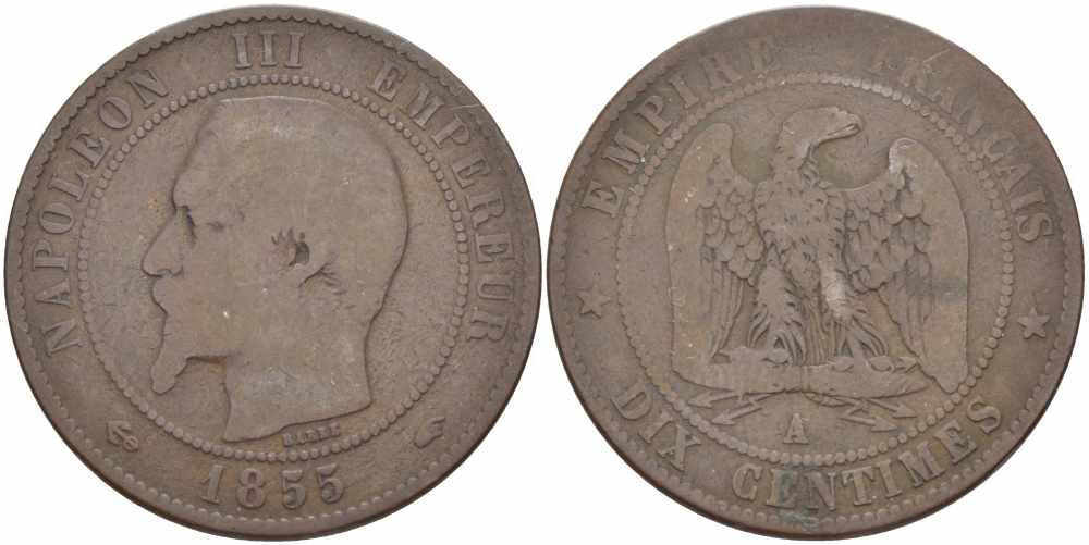 Франция 10 сантимов 1855 A, Наполеон III (1852-1870) KM 771.1, Le Franc 133,19 бронза 38-1031