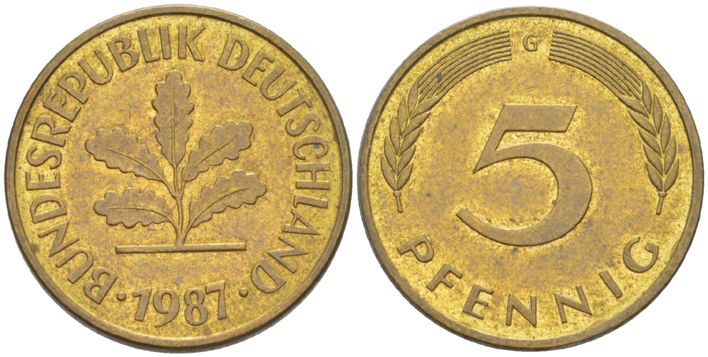 ФРГ 5 ПФЕННИГОВ 1987 G KM 107, J. 382 сталь плакированная латунью 4181-1027