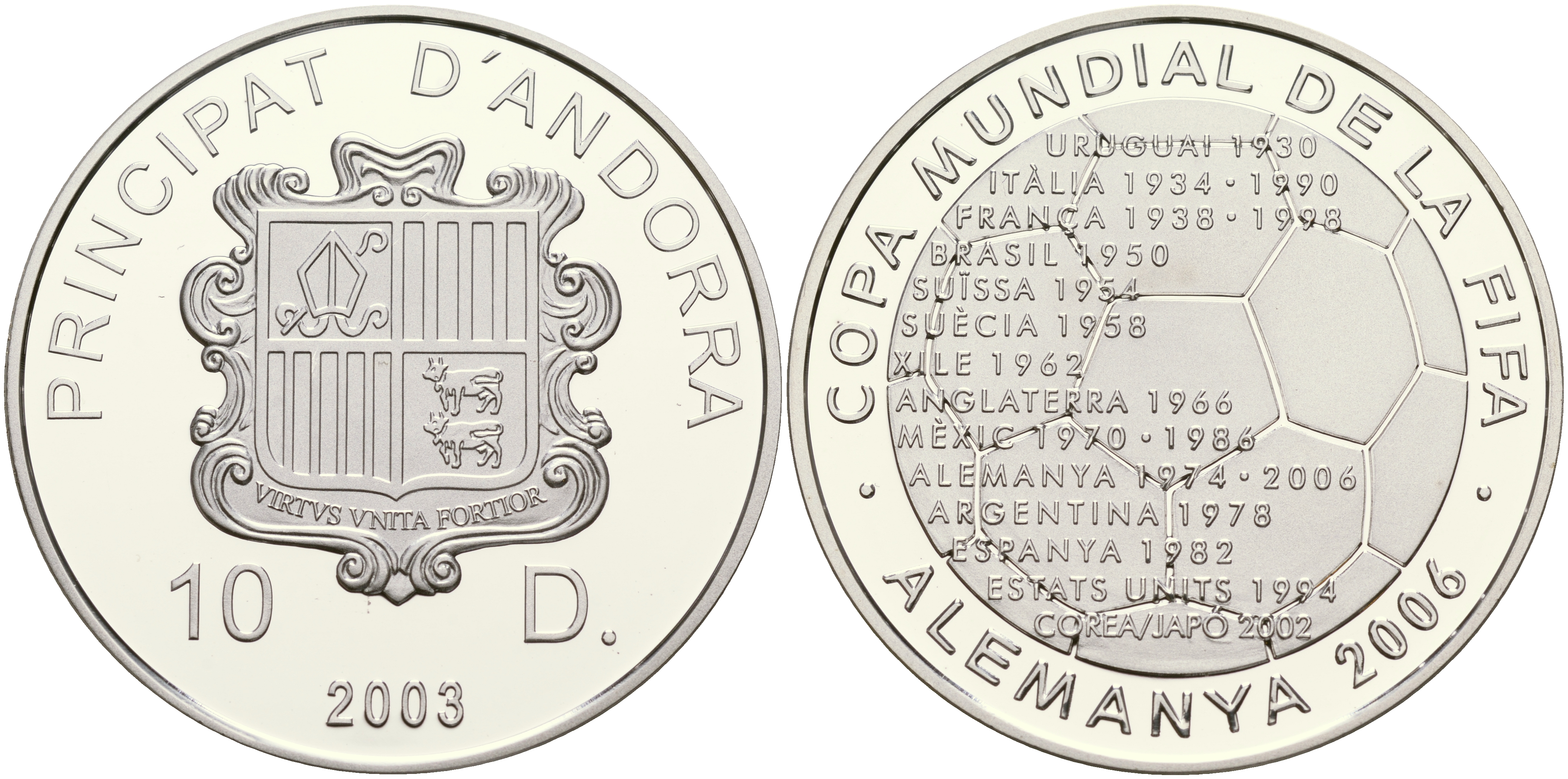 Андорра 10 динеров 2003 чемпионат мира по футболу в Германии 2006 года KM 289 серебро PROOF 11-153-34