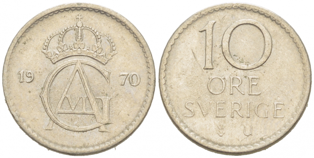 Швеция 10 эре 1970 U Густав VI Адольф (1950-1973) KM 836 медно-никель 3955-328