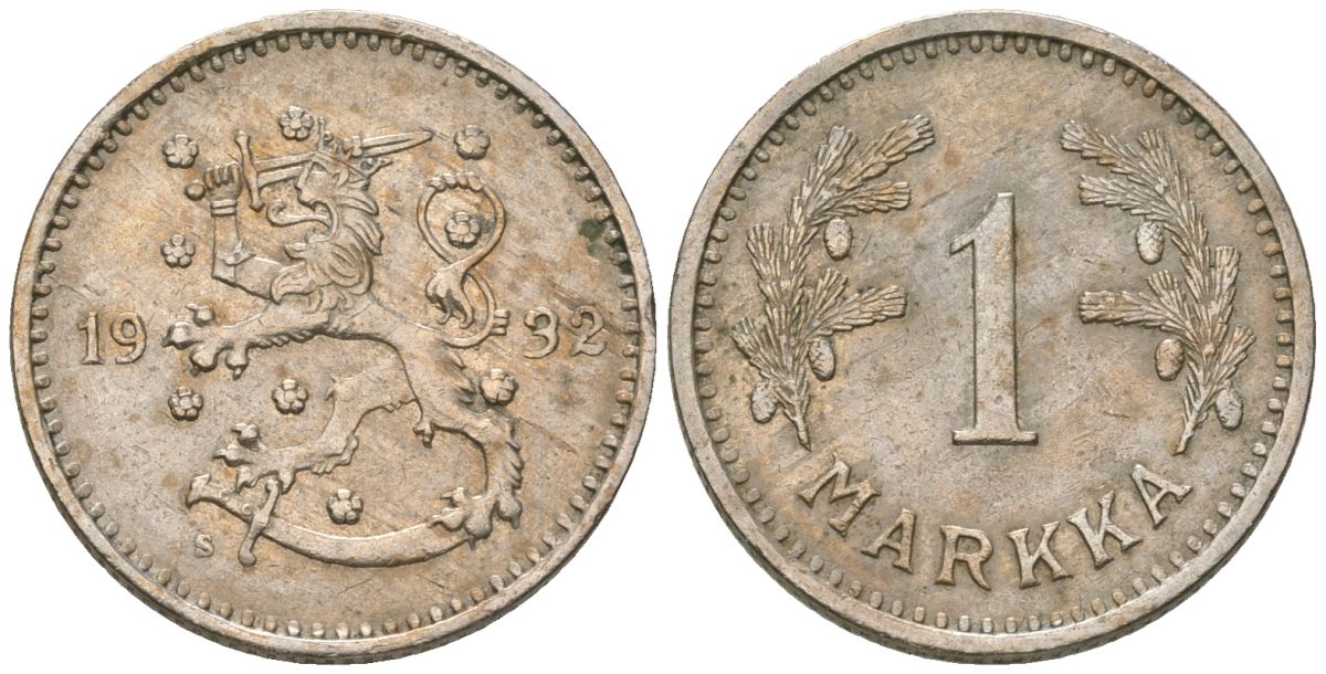 Финляндия 1 марка 1932 S KM 30 медно-никель 4173-561