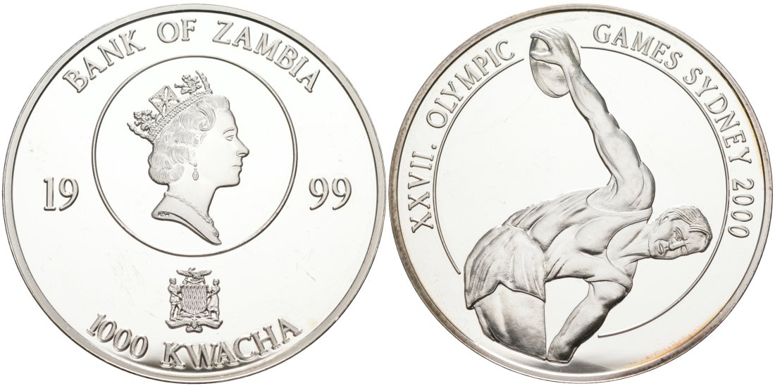 Замбия 1000 квача 1999 Олимпийские игры 2000 года в Сиднее, дискобол KM 109 серебро PROOF 01-076-13