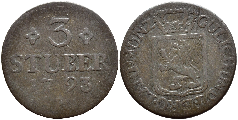 Юлих-Берг 3 штюбера 1793 РR, Карл Теодор KM 216 медь 84-854