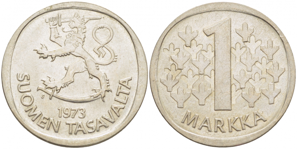 ФИНЛЯНДИЯ 1 МАРКА 1973 S KM 49а медно-никель UNC 3718-725