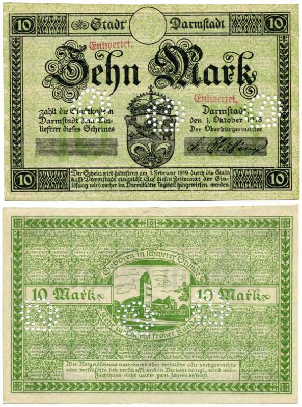 Германия, Дармштадт 10 марок 1918 - 1919 1 октября 1918 - 1 Февраля 1919, нотгельд, земля Гессен, водяной знак KREUZ-RINGEL-MUSTER, без номера и серии, с перфорацией Geiger 092.04с  бумага  аUNC  8613-33-1-1