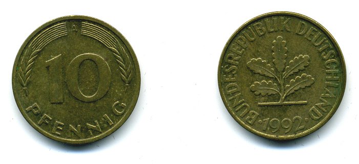 ФРГ 10 ПФЕННИГОВ 1992 А KM 108, J.383 сталь плакированная латунью 59-1413