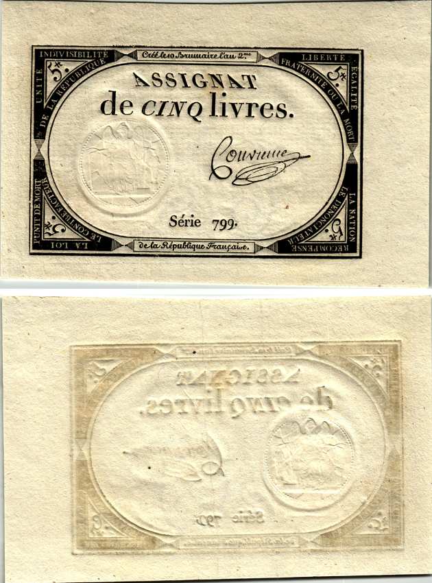 Франция 5 ливров 1793 31 октября 1793, 10 Brumaire An II, серия 799 Pick А76 бумага UNC (пресс) 00-00