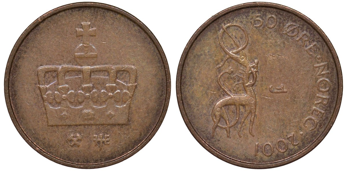 Норвегия 50 эре 2001 Харальд V (1991- ) KM 460 бронза 4128-1151