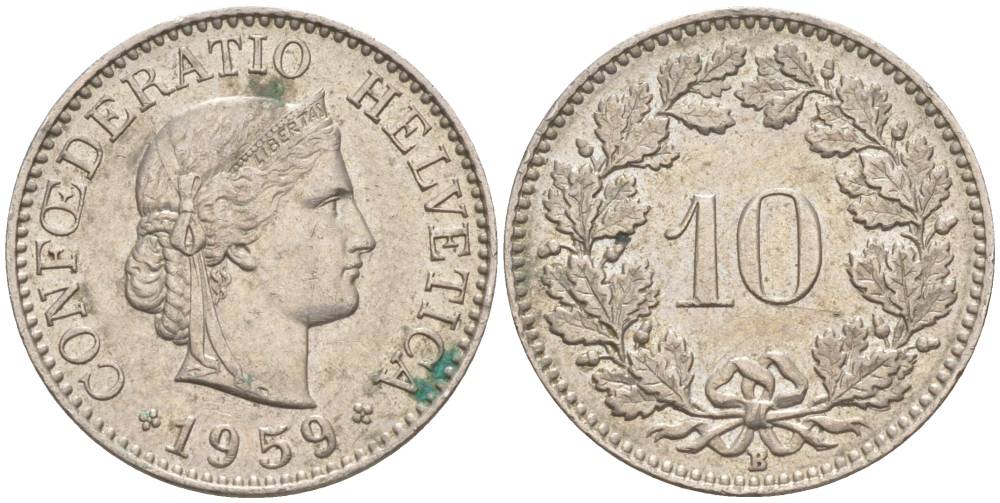 ШВЕЙЦАРИЯ 10 РАППЕНОВ 1959 В KM 27 медно-никель 55-316