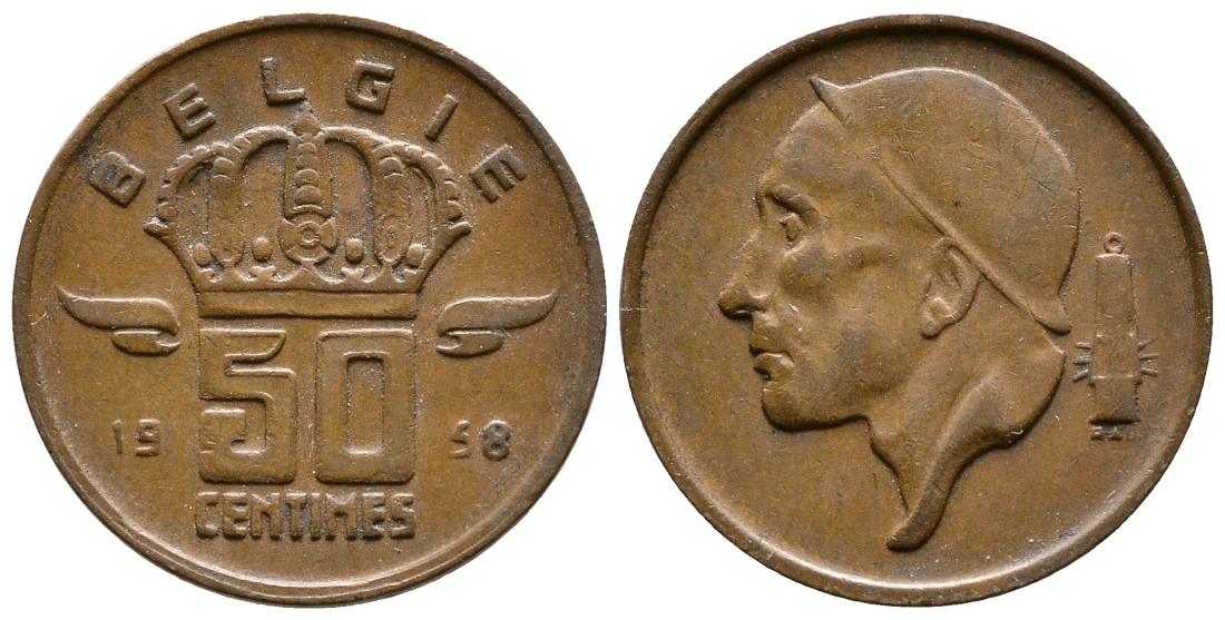 БЕЛЬГИЯ 50 САНТИМОВ 1958 BELGIE КМ 149.1 бронза 176-652