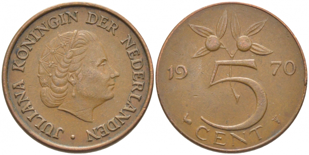 НИДЕРЛАНДЫ 5 ЦЕНТОВ 1970 ЮЛИАНА KM 181 бронза 3856-456