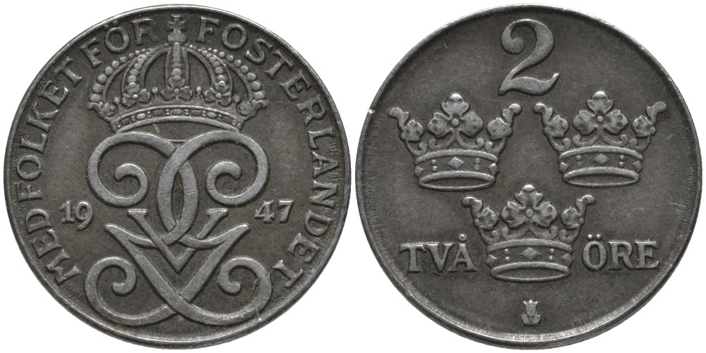 Швеция 2 эре 1947 Густав V (1907-1950) KM 811 железо 63-933