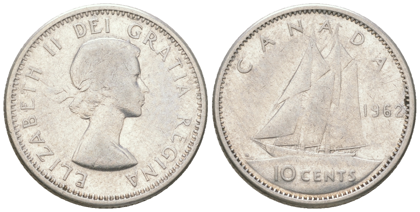 Канада 10 центов 1962 Елизавета II (1952-2022), парусник KM 51 серебро 4164-626