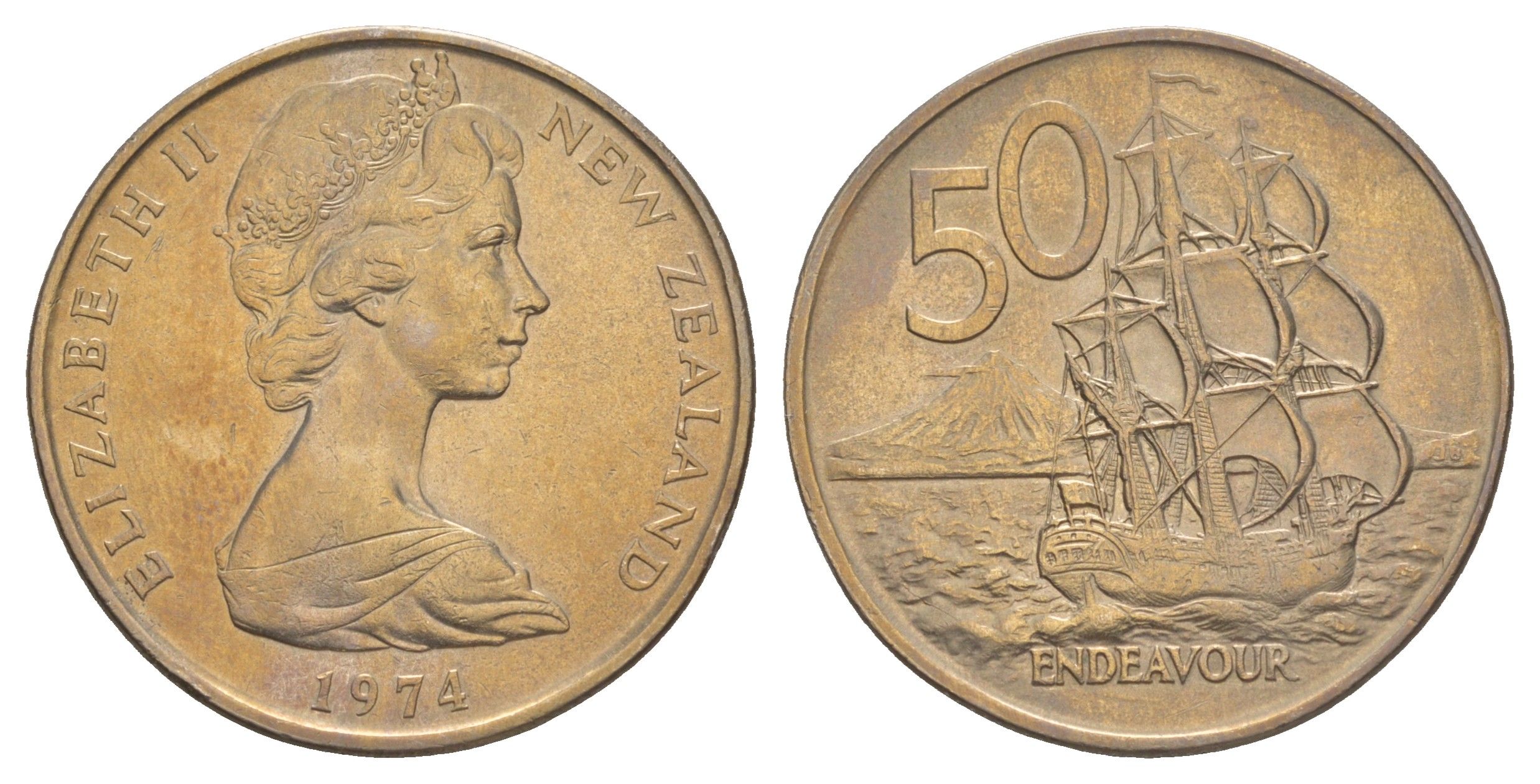 Новая Зеландия 50 центов 1974 Елизавета II (1952-2022), парусник Индевор KM 37 медно-никель 84-1326