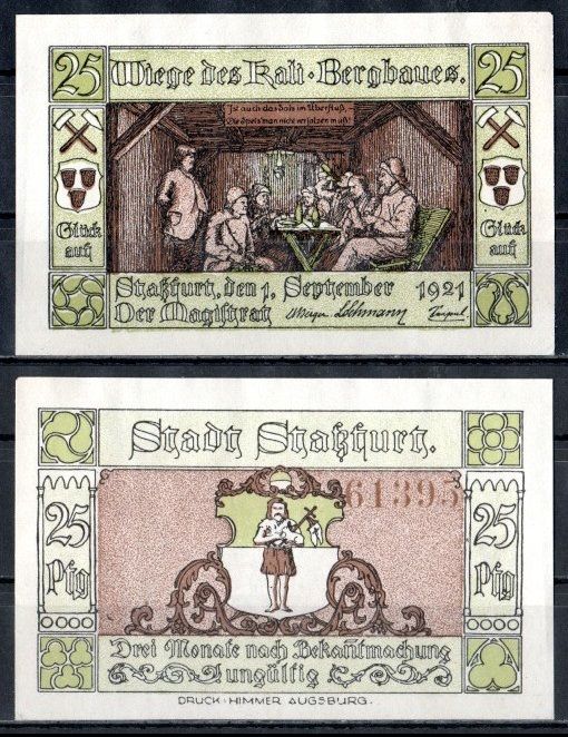 Штасфурт (Пруссия, Саксония) 25 пфеннигов 1921 Mehl Grabowski 1256.2b-1/6 бумага UNC (пресс) 7556-67-2-2