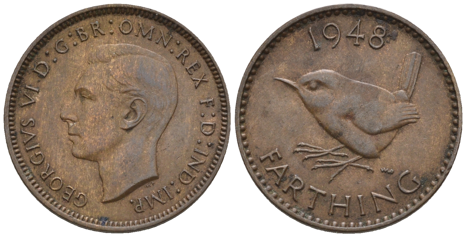 Великобритания 1 фартинг 1948 Георг VI (1936-1952) KM 843, Spink 4116 бронза 3309-322