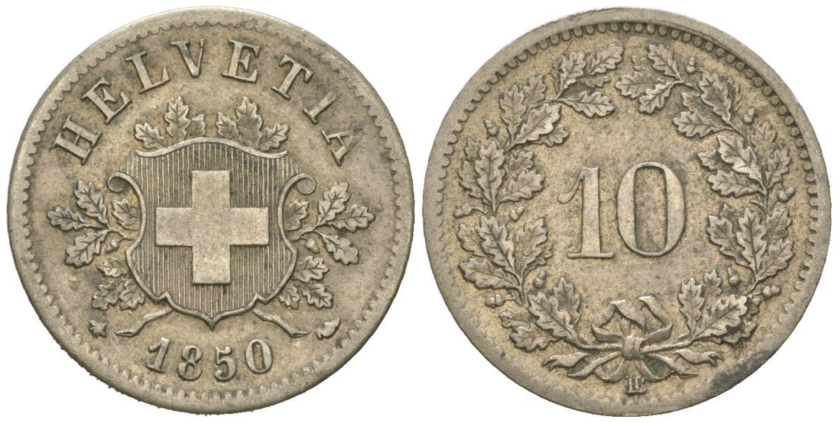 Швейцария 10 раппенов 1850 BB KM 6 серебро 4160-1045