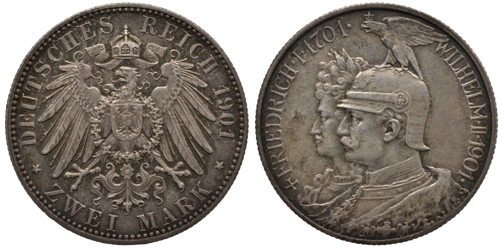 Пруссия 2 марки 1901 A, 200 лет Прусской королевской династии (Фридрих I - Вильгельм II) J.105, Weege 105, KM 525 серебро 3896-712