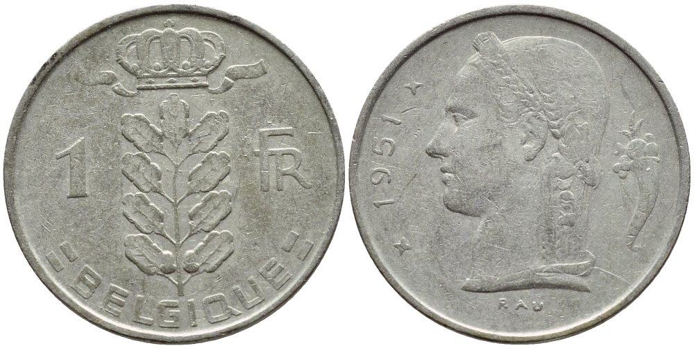 БЕЛЬГИЯ 1 ФРАНК 1951 BELGIQUE KM 142.1 медно-никель 4395-455