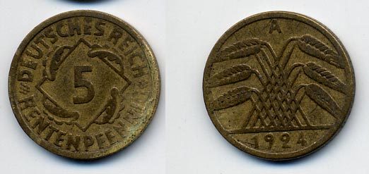 ГЕРМАНИЯ 5 РЕНТЕНПФЕННИГОВ 1924 A, KM 32, J. 308 алюминиевая бронза 36-334