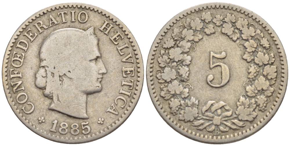 ШВЕЙЦАРИЯ 5 РАППЕНОВ 1885 В KM 26 медно-никель 4532-868